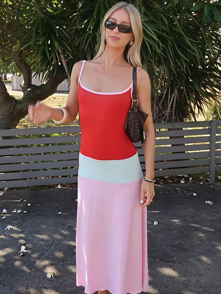 Mozision Color Blocked Sexy Midi Dress For Women 2026 Summer Spaghetti Strap Sleeveless Backless Slim Fit Vacation Club Dress - Image 6