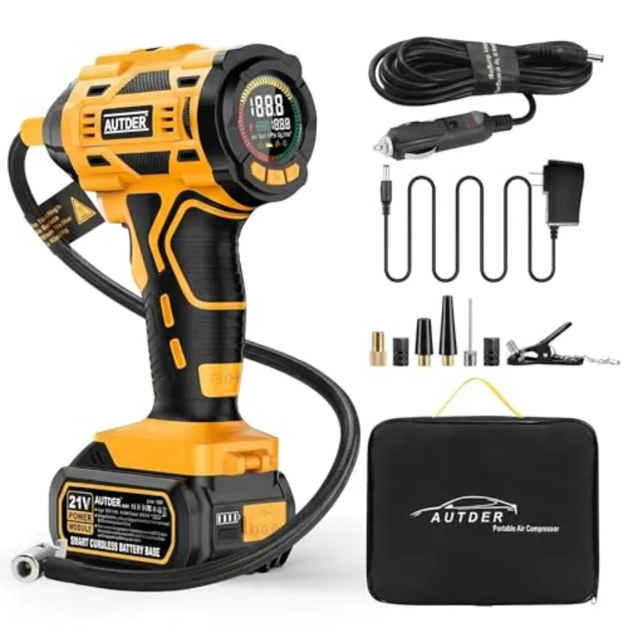 

Cordless Tire Inflator 180PSI Portable Air Compressor with 21V Rechargeable Battery and 12V DC Car Adapter Fast Inflation Digit