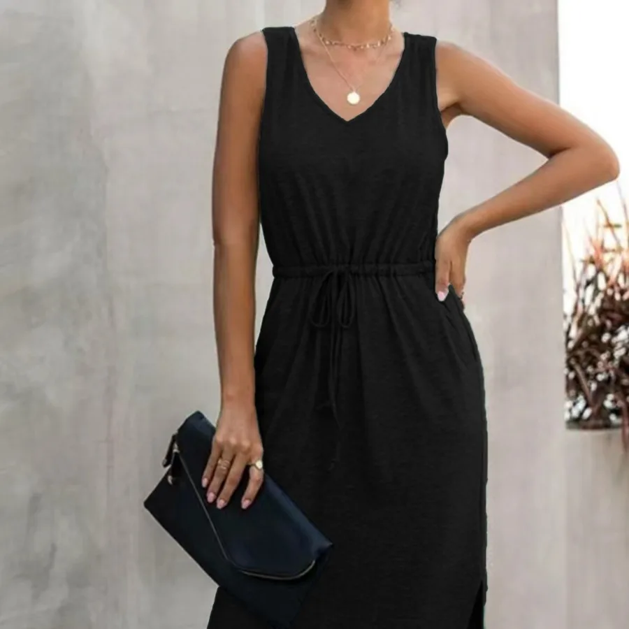 

【New style】European and American - V-neck solid color spring and summer women's clothes irregular waist waist round neck vest d