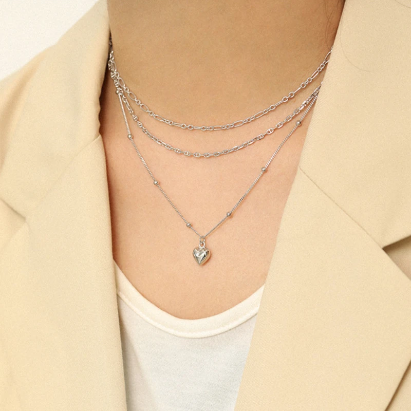 Interbead Chain Fashion Heart-shaped Pendants Collarbone S925 Sterling Silver Necklace for Elegant Woman Luxury Bead Jewelry