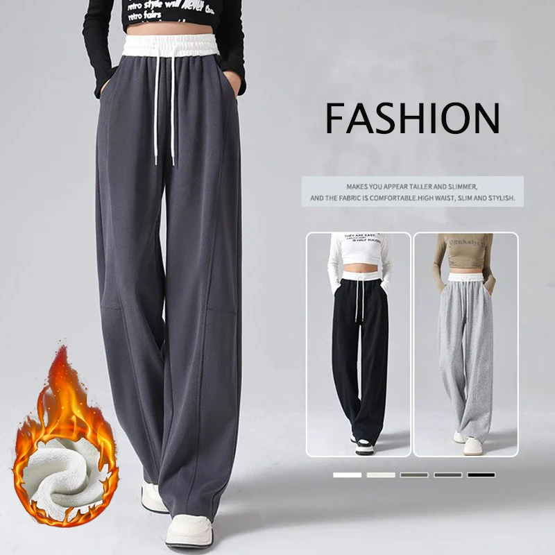 Winter Lady High Waist Thermal Fleece Pants Women Fashion Plush Straight Leg Trousers Girls Snow Warm Loose Daily Pants