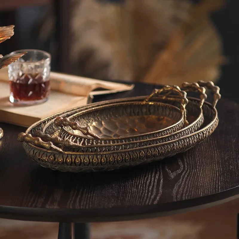 

Vintage Decorative Metal Serving Trays Set, Bronze, Hammered Pattern with Handles, Oval Shape, 3 Sizes, 19x10, 16x9, 12x7 Inch