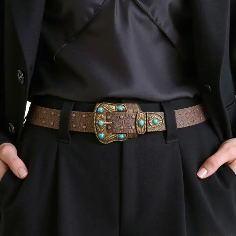 31BF Stylish Cowboy Carved Belt With Metal Buckles Flexible Sizing For Casual Formal Wear
