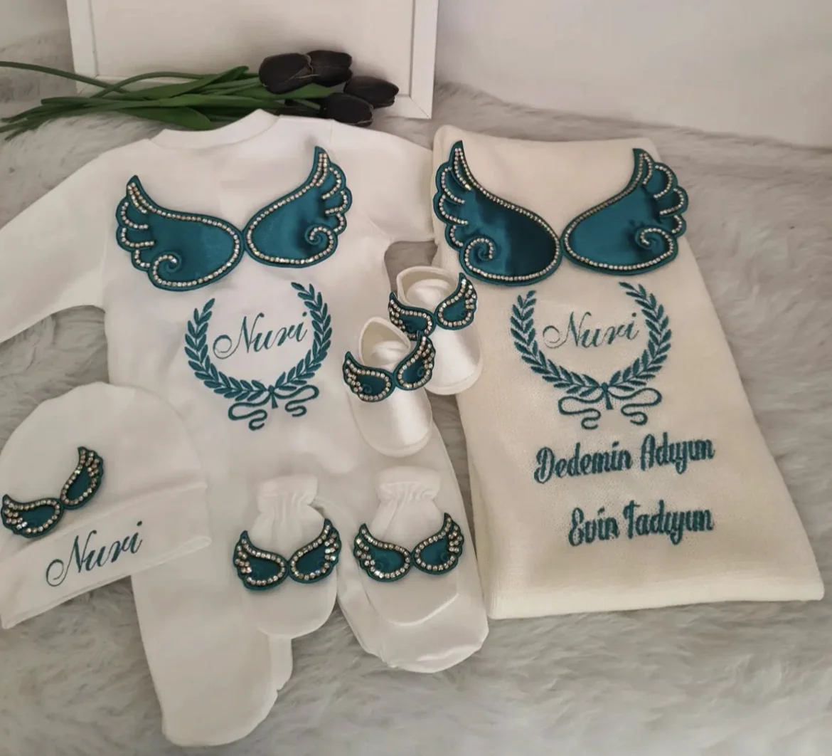 Dollbling Hospital Exit 5pcs Embroidery Name Newborn Angle Wings Romper Blanket  Nursery Bedding Swaddle Handmade Infant Outfit