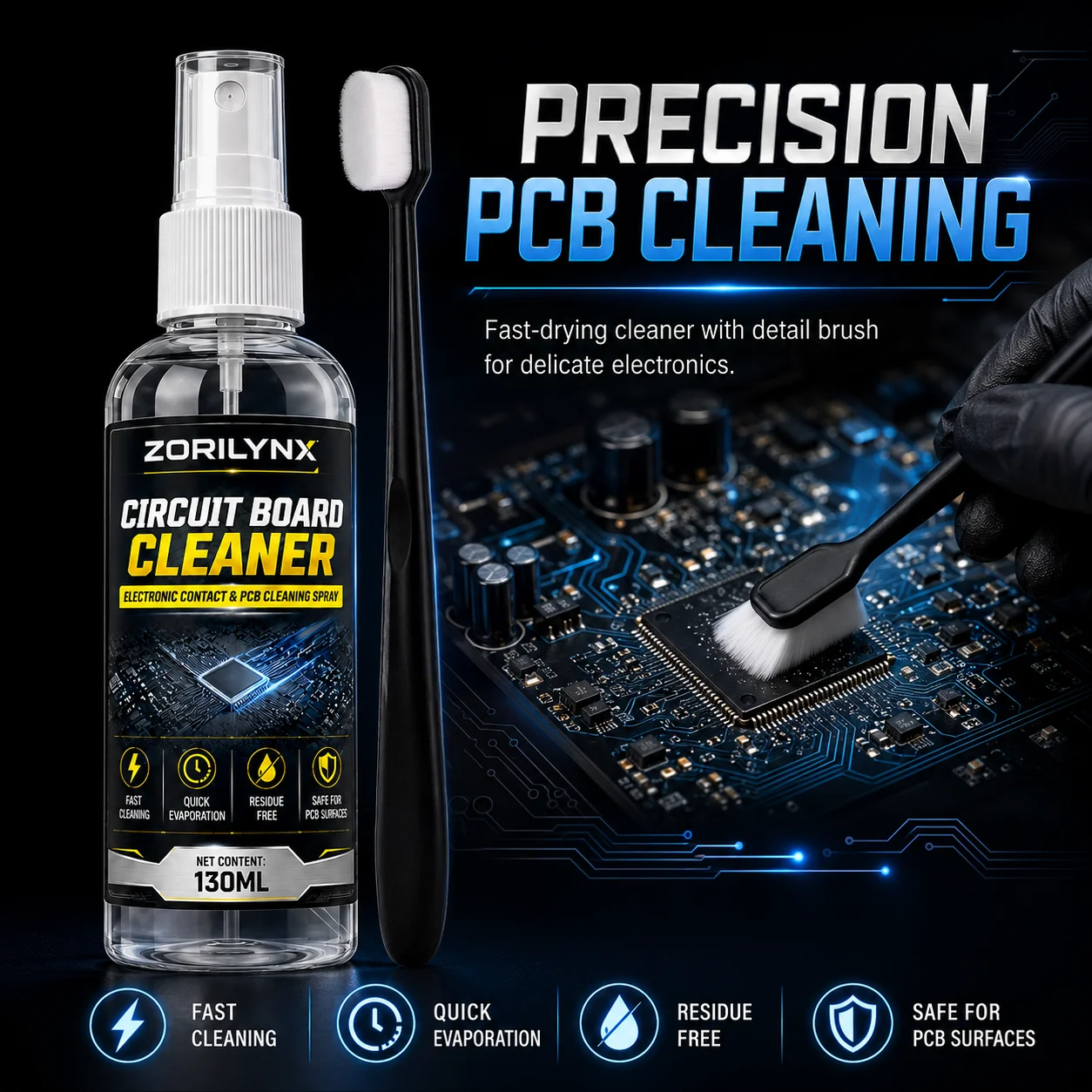 Circuit Board Cleaner Spray with Cleaning Brush, 130ml Fast-Evaporating Solution for Electronics, Contacts and PCB Maintenance