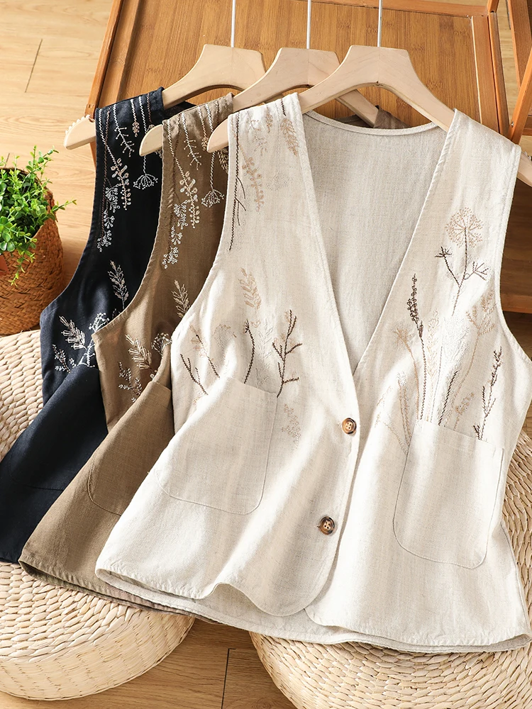 Retro Heavy Embroidery Cotton Linen Vest Women Summer Loose Slimming Outerwear Sleeveless Shoulder Pad Trendy Top