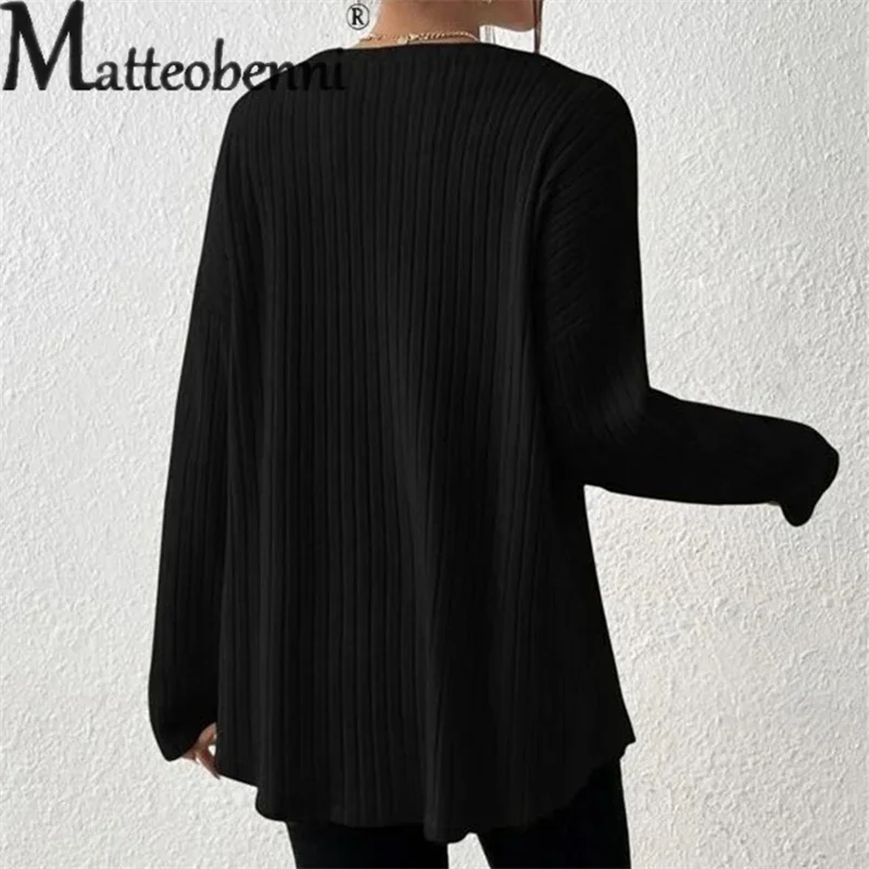 Elegant Pit-stripe Round Neck Pullover Jumpers Women Solid Color Loose Sweater Female Autumn Winter Commuter Casual Knitwear New