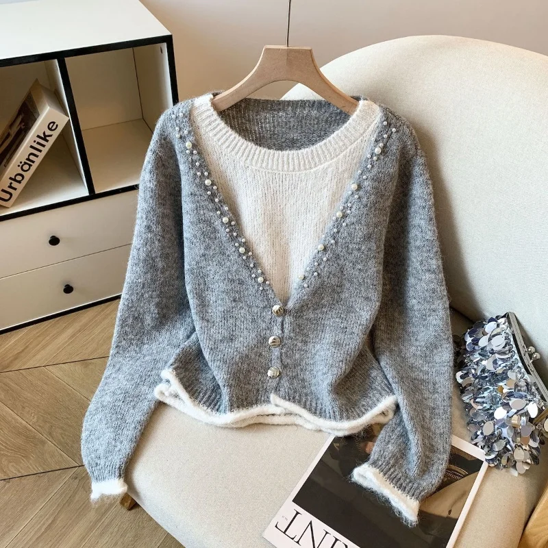 

Autumn Winter Woman Clothes Fashion Beaded Soft Mohair Pullover Top Vintage Patchwork Casual Simple Women Sweater Tops