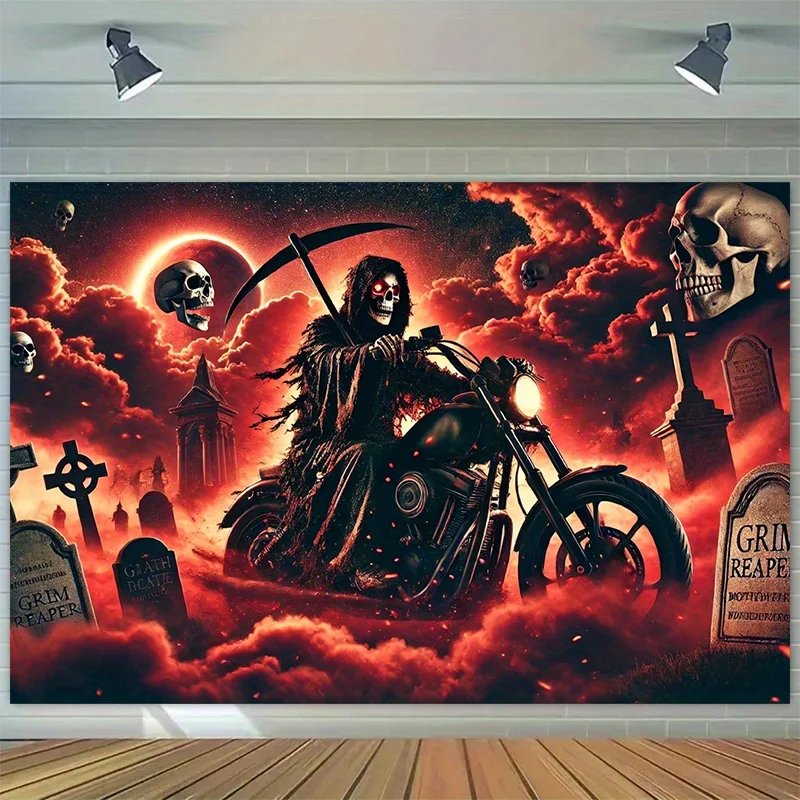 Grim Reaper Motorcycle Wall Tapestry Dark Fantasy Art Horror Theme Decor Gothic Bedroom Living Room Style