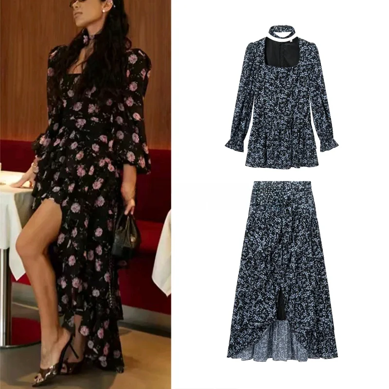 

Spring Summer New Women's Square Collar Long Sleeve Zipper Style Elastic Waist Casual Halter Skirt Set Floral Print Two Piece...