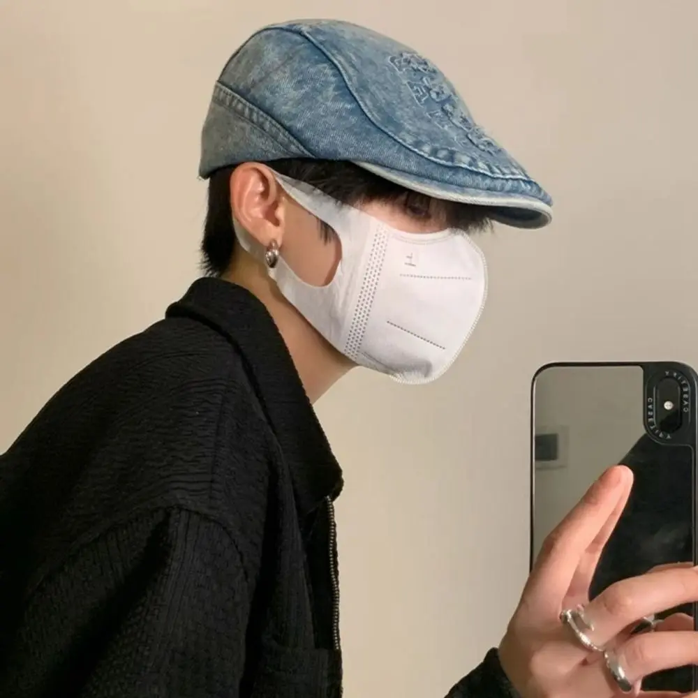 

Casual Adjustable Denim Beret Large Head Circumference Korean Style Men Beret Blue Denim Painter Hat Cowboy Forward Hat Daily