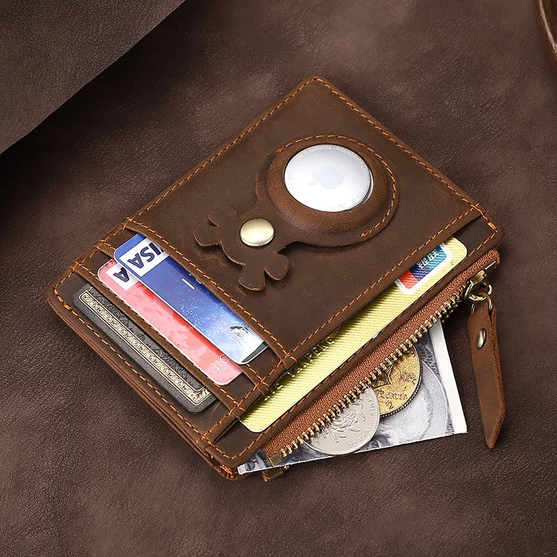 Airtag Wallet Case Credit Card Holder Cowhide Leather Men Slim Wallet RFID Coin Purse for Apple Airtag Tracker Protective Case