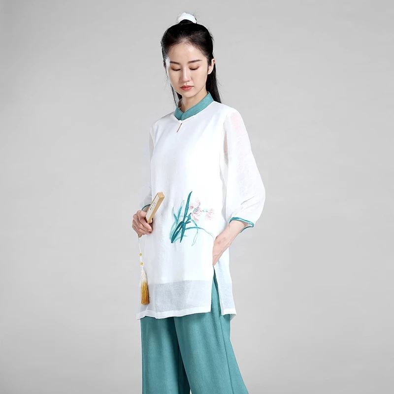 Women's Tai Chi Kung Fu Outfit Lightweight Chiffon Hand-Painted Dress Fluid Drape & Breathable for Summer Practice Daily Wear