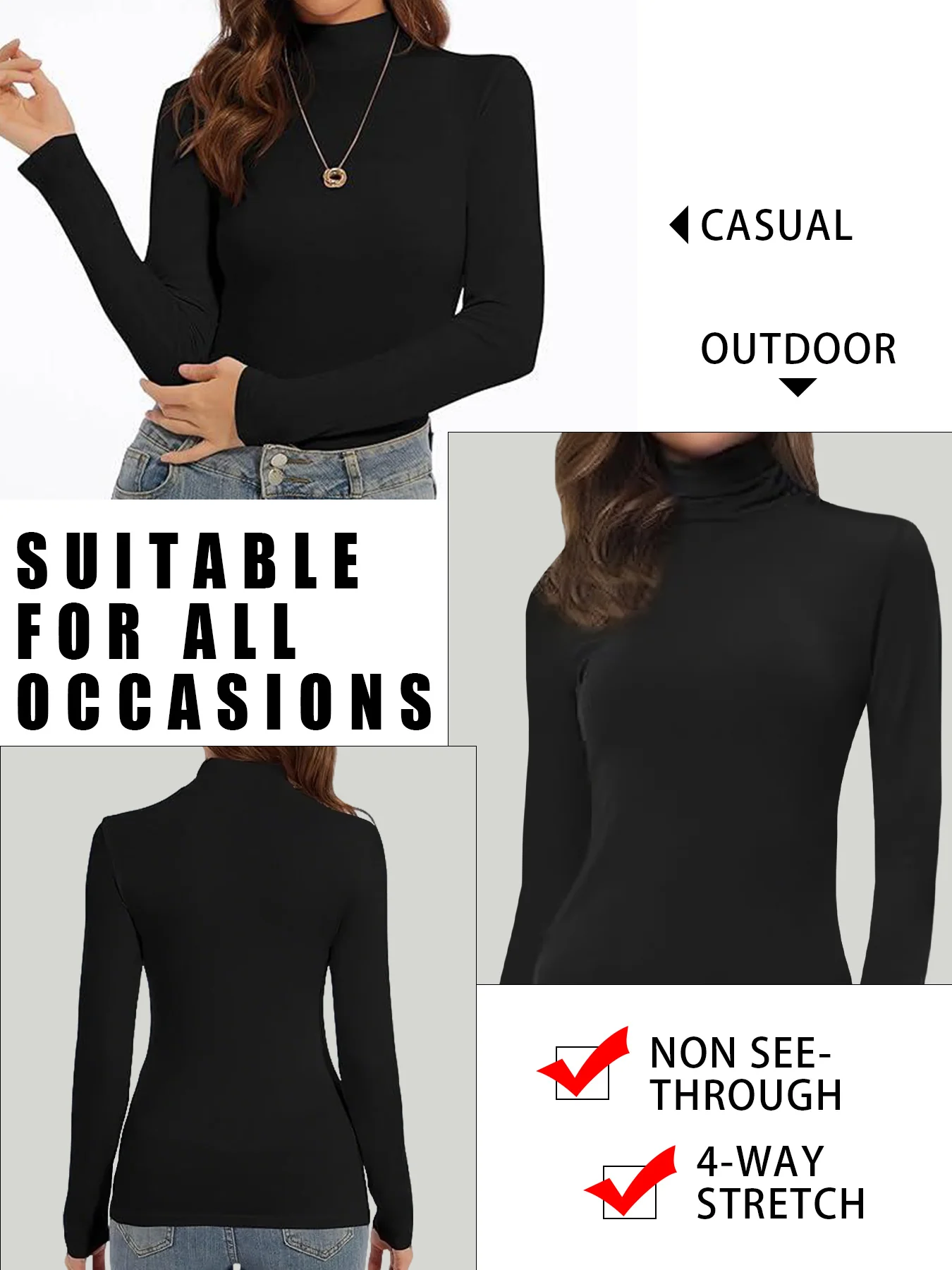 Damska koszulka z długim rękawem i wysokim dekoltem. Super elastyczne, jednokolorowe, codzienne koszulki. Koszulki sportowe do biegania, jogi i ćwiczeń