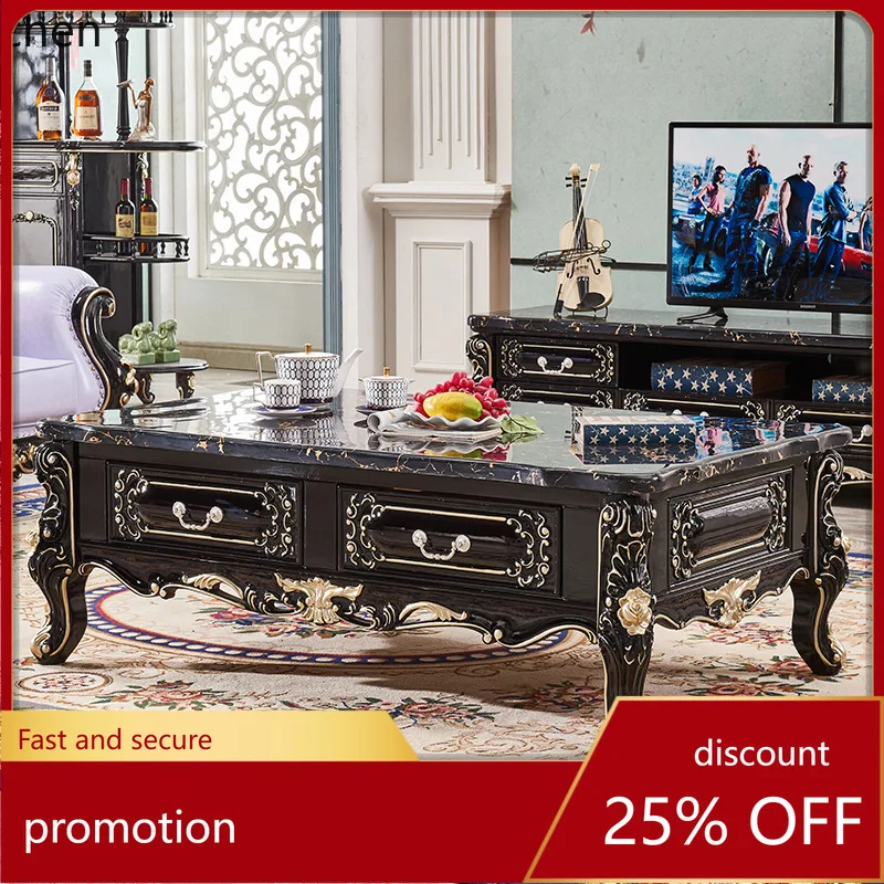 

HT Coffee Table Solid Wood Carved Marble Top Tea Table Classical Living Room Corner Table High-end Ebony Furniture