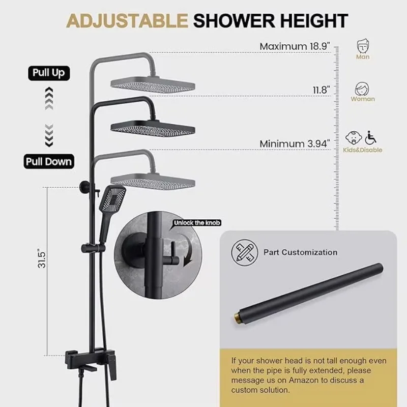 Shower Systems with 12 X8 Inches Rain Shower Head, Matte Black Exposed Pipe