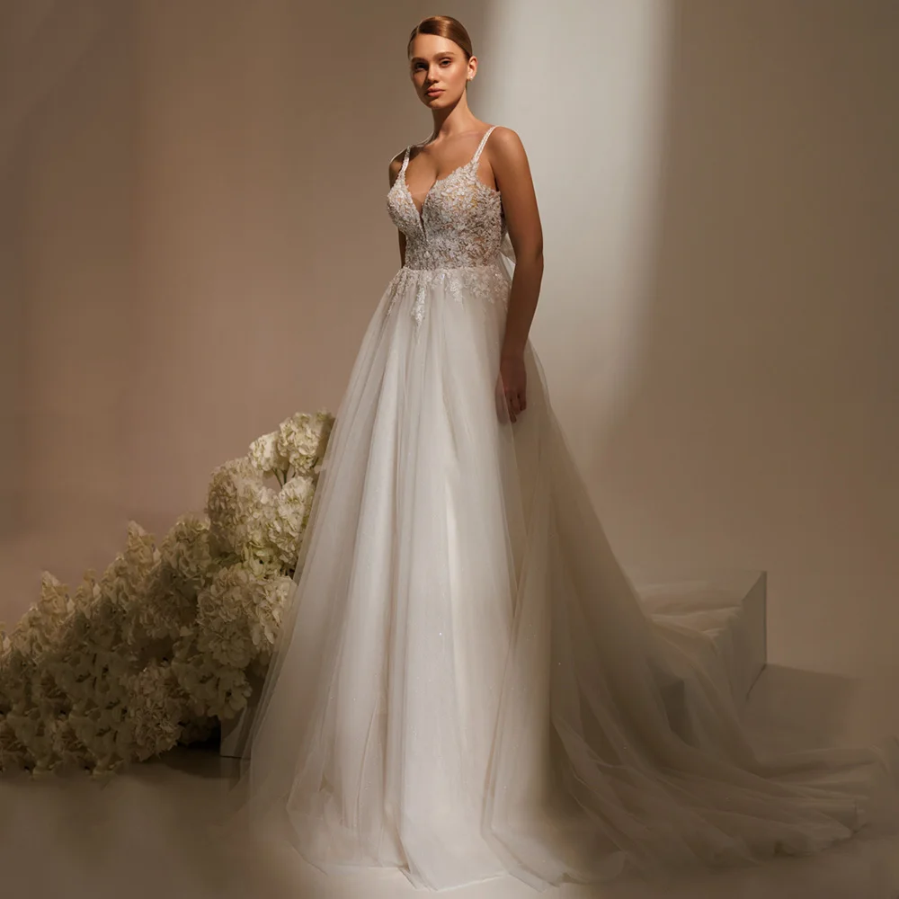 Sexy Zachte Tule Trouwjurk Aangepaste Spaghettibandjes V-hals Kralen Applique Een Lijn Backless Bruidsjurk Robe De Mariee