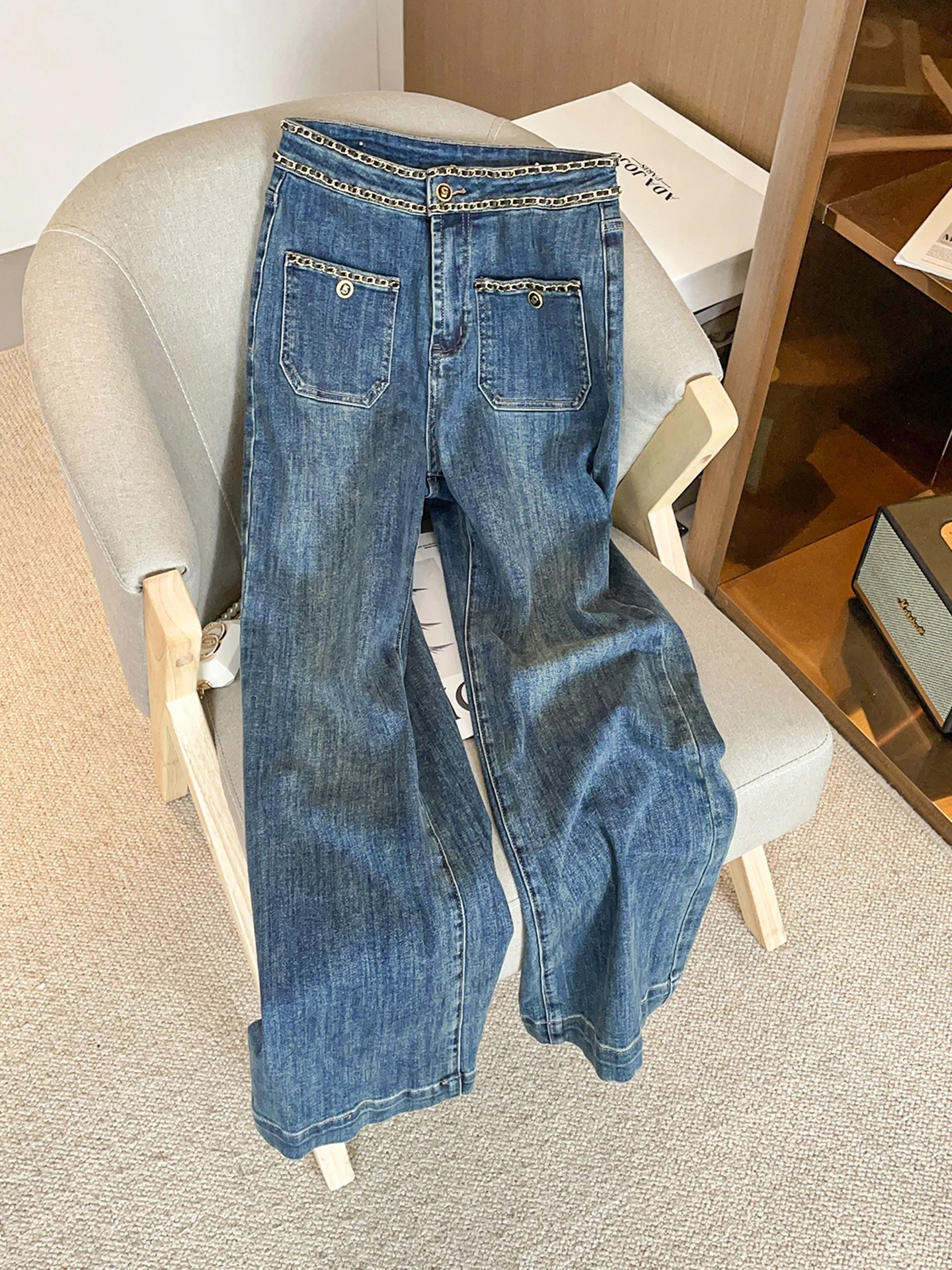 

Высококачественные женские модные прямые джинсовые джинсы с цепочкой, осень-зима, новые универсальные простые корейские брюки с высокой талией