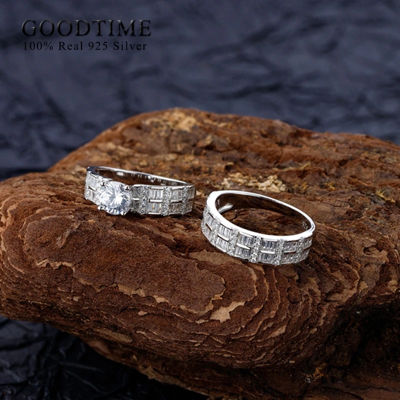 Conjunto de anillos de lujo para mujer, Plata de Ley 100% 925 pura, anillo de compromiso de circón redondo, banda de boda, joyería de aniversario para novia