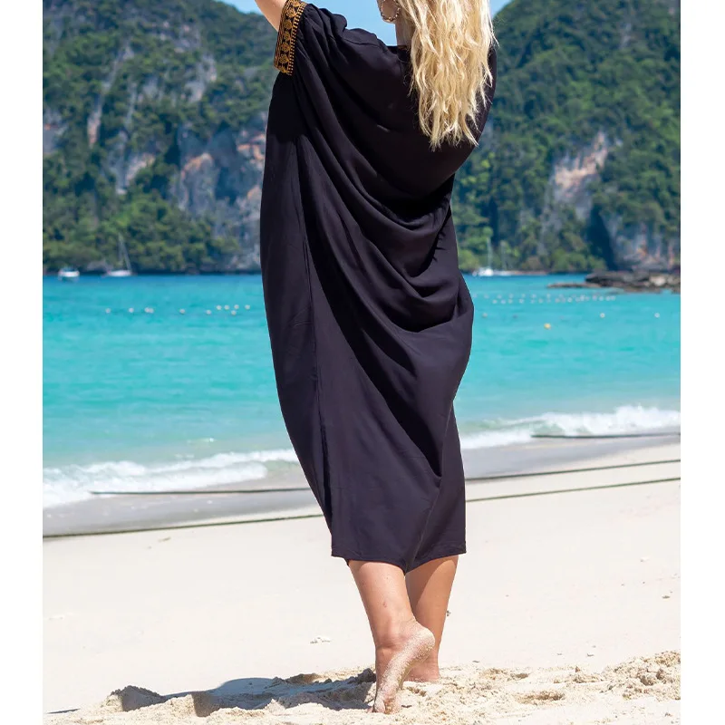Women's Dress Summer Boho Cotton Gold Embroidered Vacation Comfortable Loose Beach Hood Dresses For Women Robe Femal Vestidos