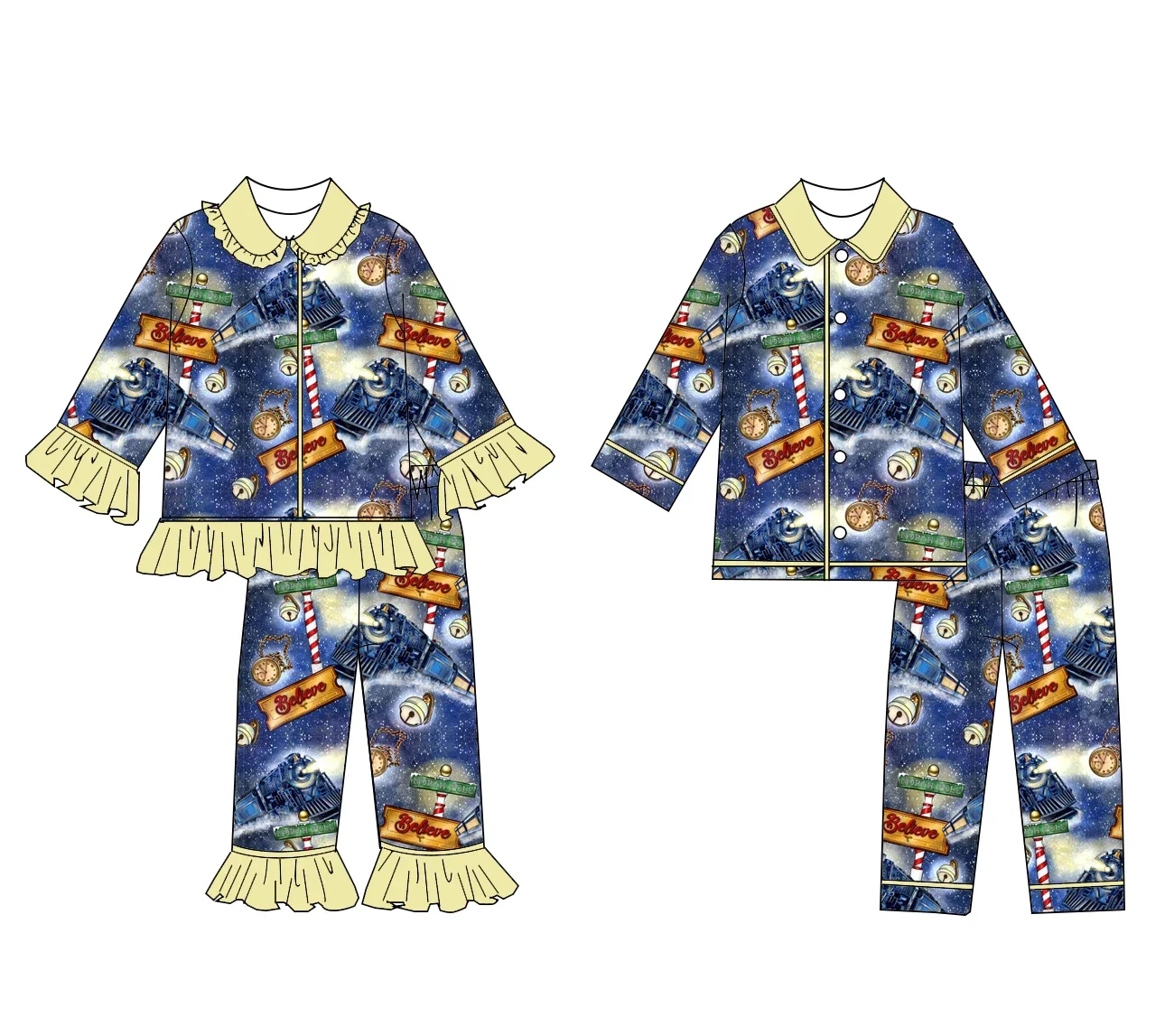 Boutique Children's Set Christmas Pajamas Set Kids Long Sleeve Lapel Lace Cartoon Print Boy Girl Sleepwear With Train