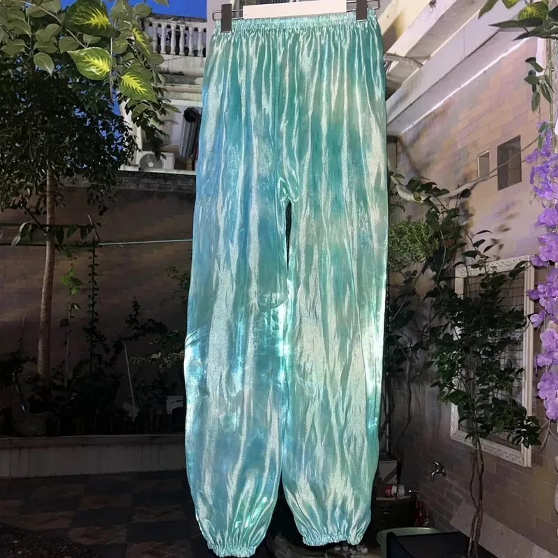 Sexy Transparent Holographic Soft Reflectiv Glossy Water Wave Gauze Pajamas Pants Women men Plus Size Silky Lantern Trousers