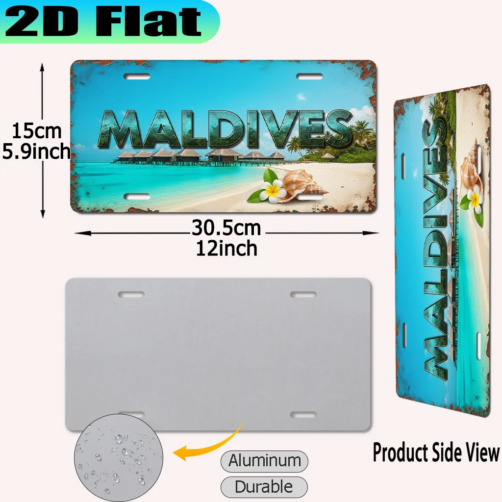 2D Flach – 1 Stück 2D flaches Maldives Vintage Aluminium-Schild Nummernschild | 30,48 x 15,24 cm Naturthemen-Geschenk für Reisebegeisterte, Souvenir