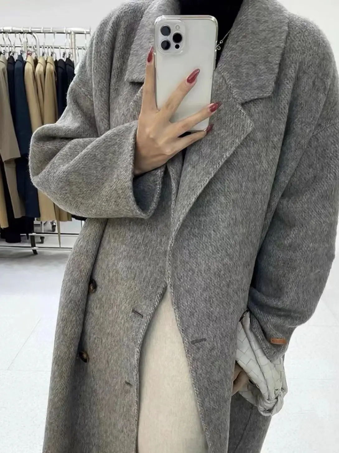 

Alpaca high version grey double-sided cashmere coat for women 23 Autumn/winter Korean version soft waxy wool coat