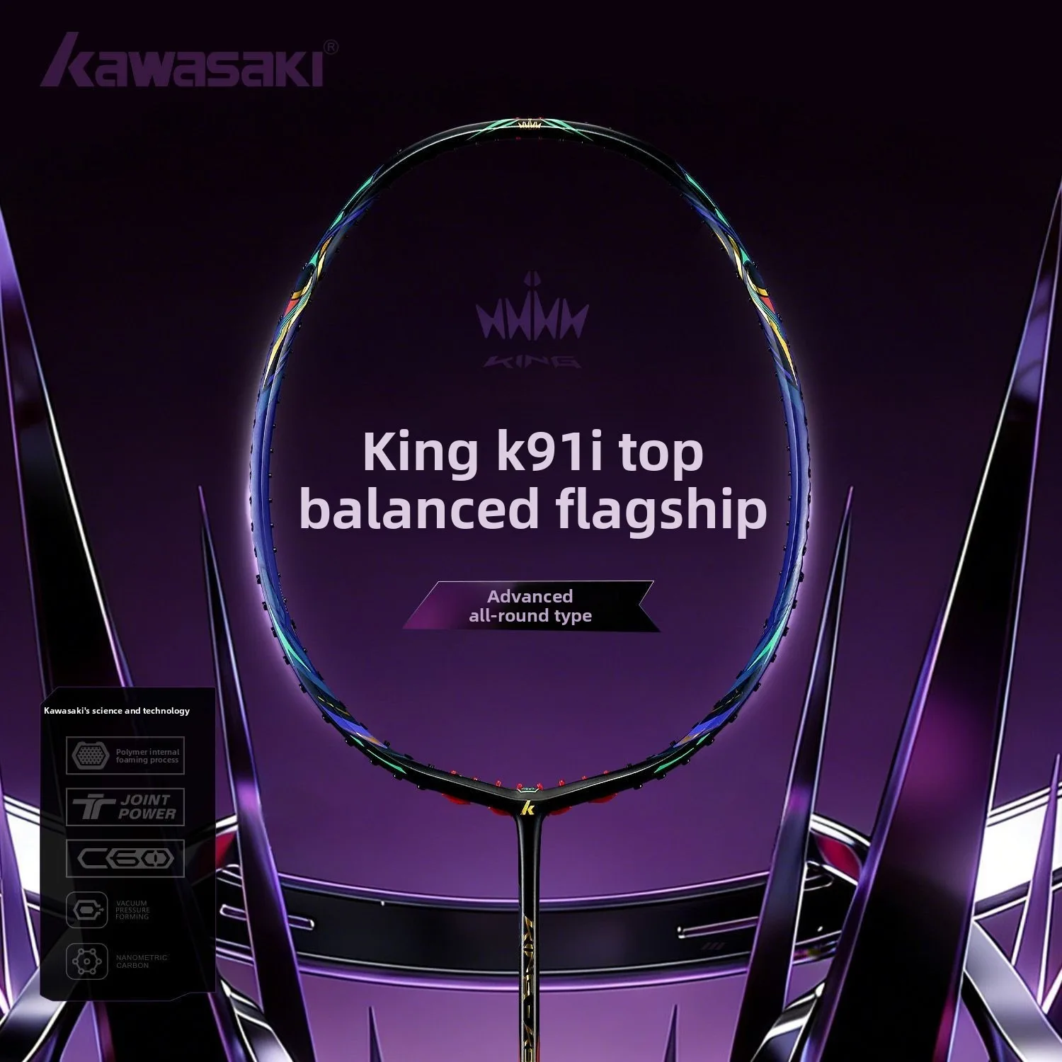 Kawasaki Badminton Racket KING K9 4U Professional T-Join Power All-around Speed&Attack Badminton Racket