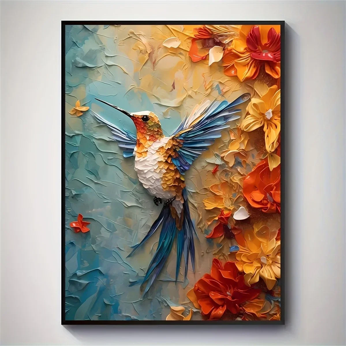1pc frameless Canvas Painting Vibrant Hummingbird & Floral 3D Texture Canvas Art Print-Frameless,Whimsical Wall Decor for Home,