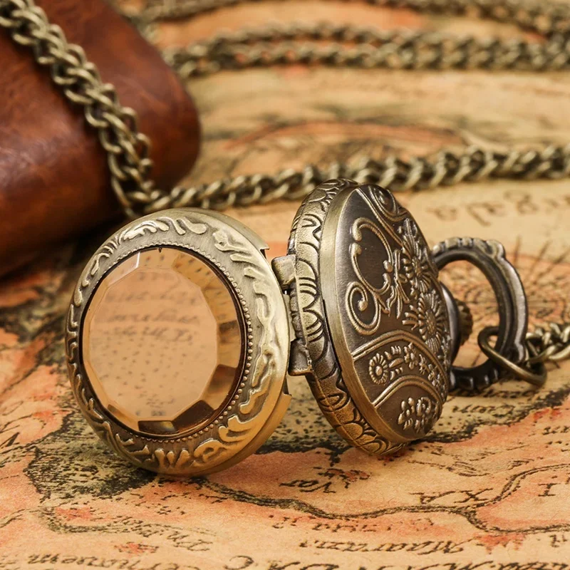 Vintage Mini Size Clock Transparent Cover Men Women Retro Quartz Pocket Watch Arabic Number Display with Necklace Chain