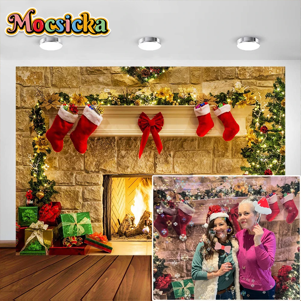 

Christmas Fireplace Backdrop Vintage Xmas Tree Stockings Photography Background Portrait Banner Decorations Photo Studio Props