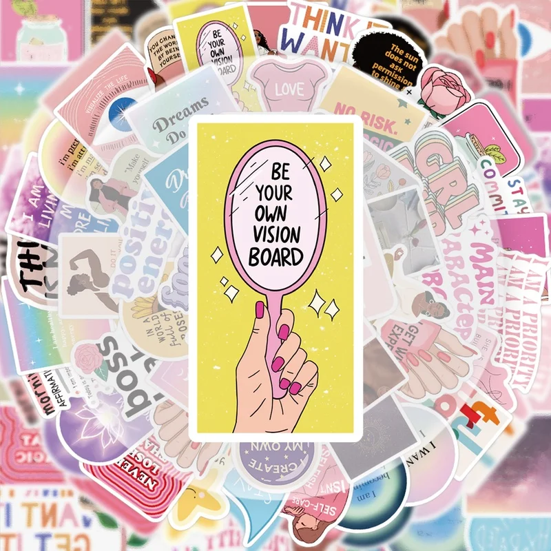 52 naklejki na vision board, żywe naklejki i kalkomanie, wiele stylów bez powtórzeń, odpowiednie na butelki z wodą, laptopy, walizki, deskorolki, gitary, dekoracje na przyjęcia