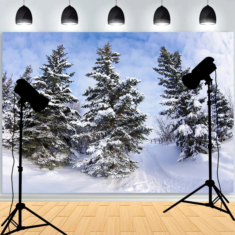 Snowflake Pine Forest Frozen Stream Photography Background Frost Snow Hill Winter Wonderland Studio Backdrops AM-06