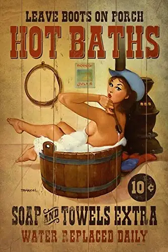 annekilly Vintage Hot Baths Country Western Old West Cowgirl Pin Up Girl Sexy Girl Man Cave Metal Tin Sign Home Bar Kitchen sign
