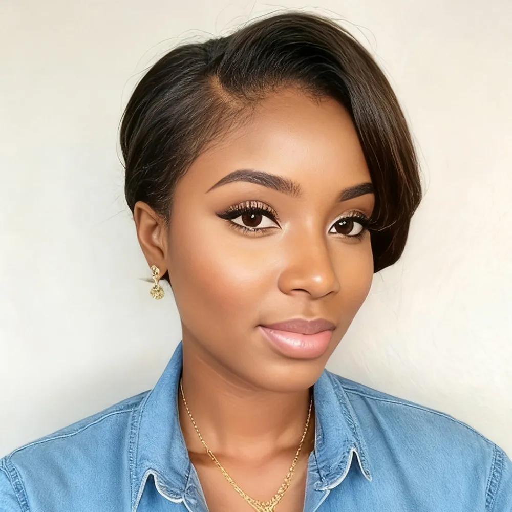 

short curly layered human hair wig black color for women 13x1 T part lace daily party use wig pixie cut wig