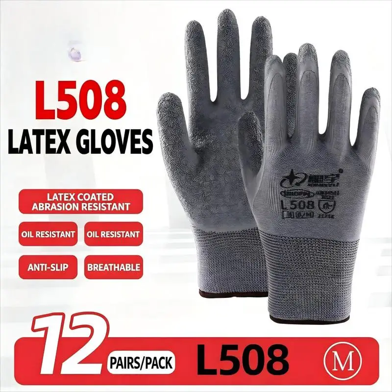 12Pairs Latex Labor Protection Gloves Thickened Non-slip Wear-resistant For Construction Sites Gardening Gloves Household Gloves