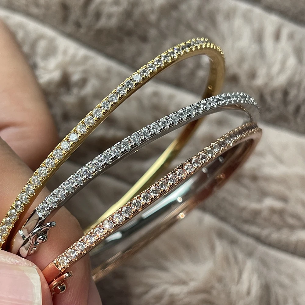 Pulsera de plata de ley 925 pura con diamantes, joyería de fiesta de diseño clásico, pulsera de amistad, brazalete de plata de oro rosa de 17CM