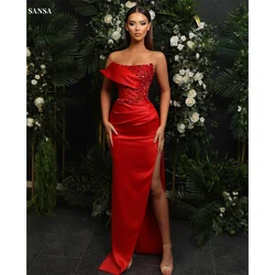 Sansa Red Satin Sequins Prom Dress Elegant Glitter Sleeveless Evening Dresses Mermaid Side High Split Strapless Formal Evening