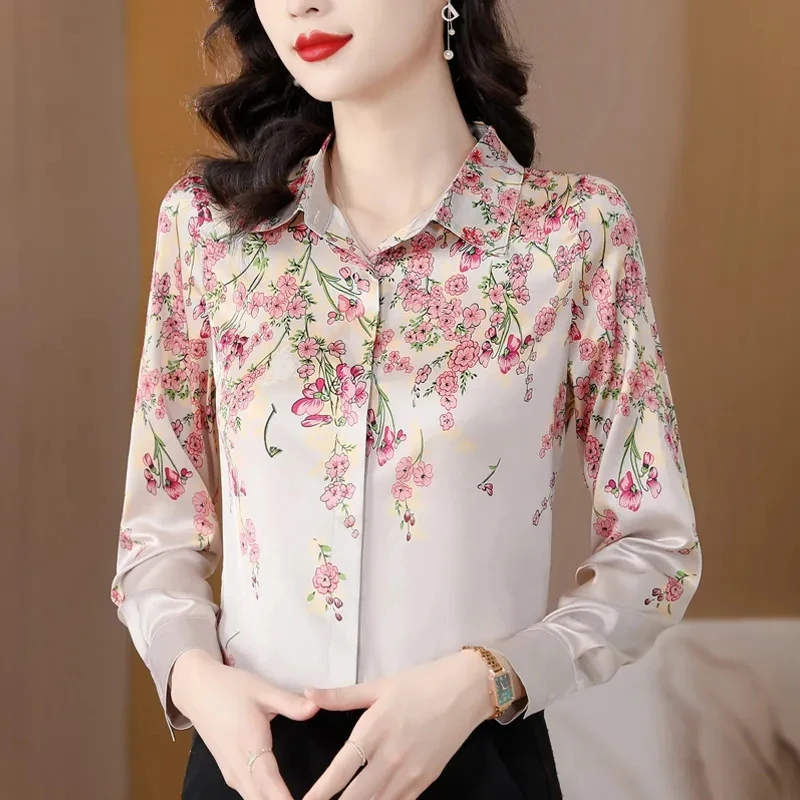 

Elegant Blend Silk Shirt Top Women's Long Sleeve Spring Autumn New Fashion Sunscreen Top Grade Ladies Outwear Shirt High Quality