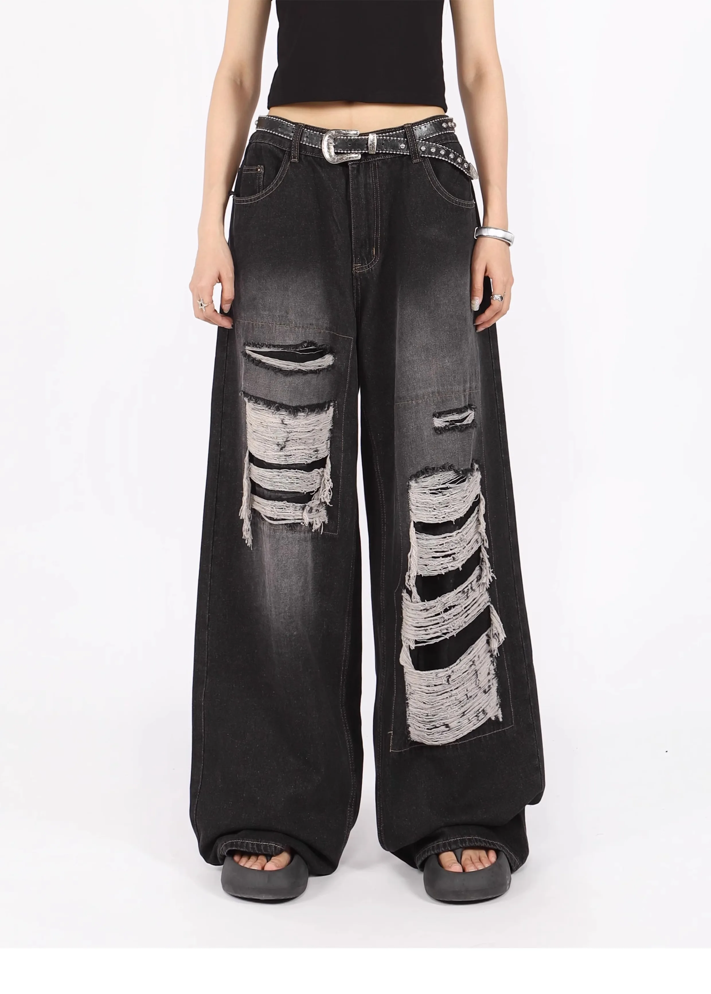 

Women's Gothic Black Jeans High Waist Vintage Korean Fashion Y2k Streetwear Ripped Pants Harajuku Casual Wide Leg Denim Trousers