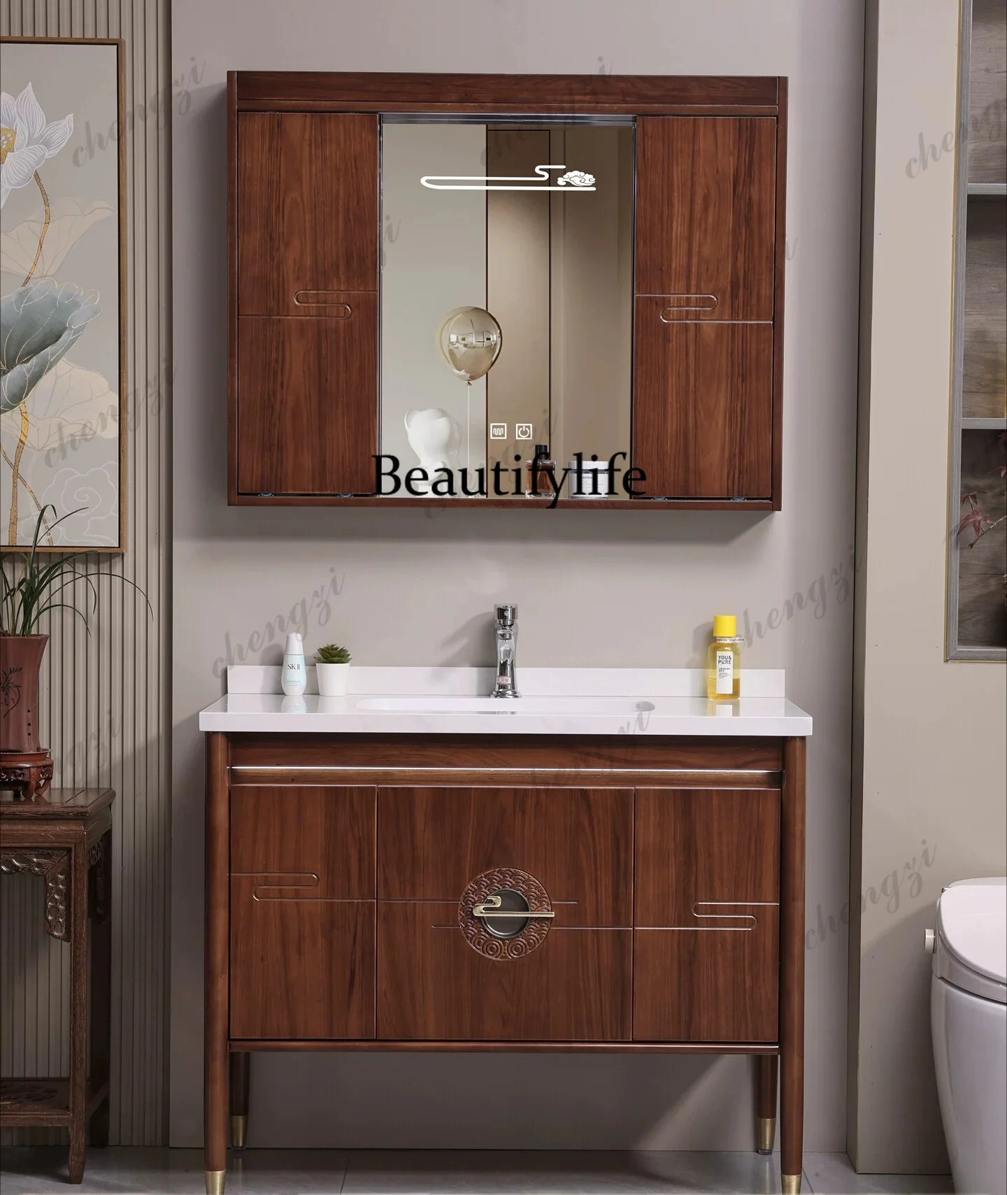 Chinese bathroom cabinet combination, solid wood hand wash face wash table ceramic integrated basin mirror cabinet