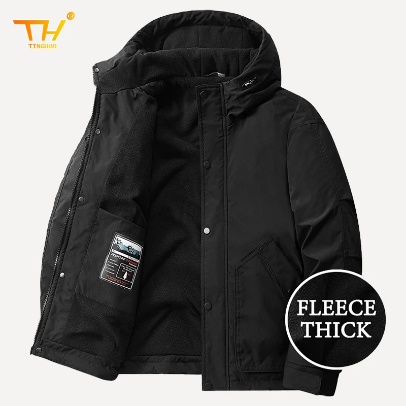 TINGHUO Jacket men in winter fleece thickened hooded men's jacket multi -pocket outdoor Parker coat