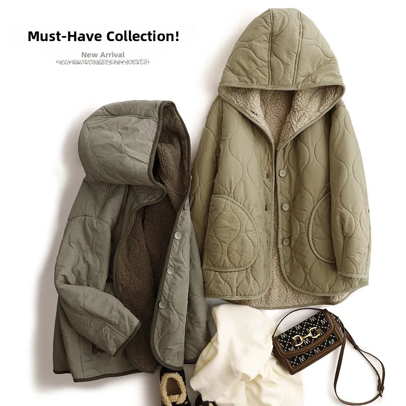 

Thiened Cotton Flannel Winter Jaet with Hood Personalized ket Tee-layer Cold-resistant Loose Casual Fce-lined Coat