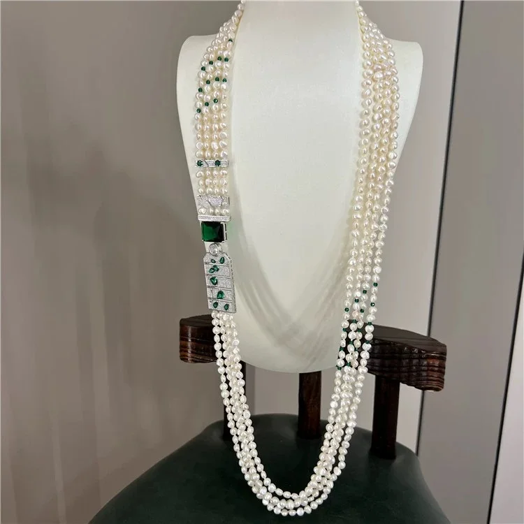 Jewelry Natural Pearl 32''-35'' 4 Strands Natural White baroque Pearl With CZ Connector  Necklace For Women