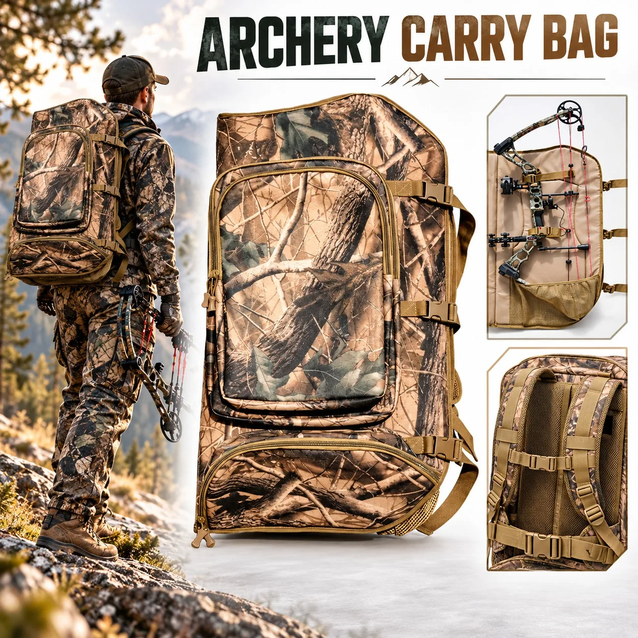 Compound Bow Backpack Case Archery Carry Bag with Breathable Back Panel and Waist Strap for Outdoor Target Shooting Competition