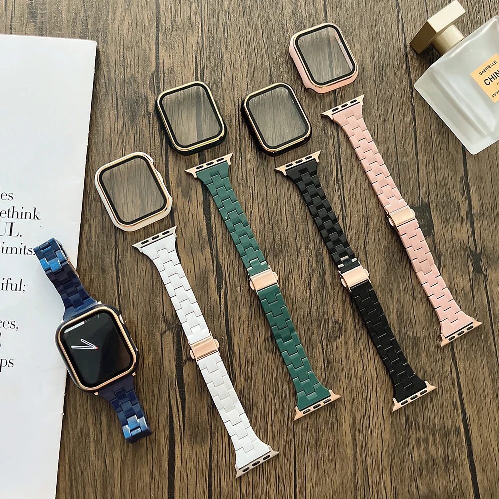 Resin Strap+Cover For Apple Watch 45mm 41mm 44mm40mm 42mm38mm Smart Watch Replacement Bracelet Wristband for iWatch 87654SE Case
