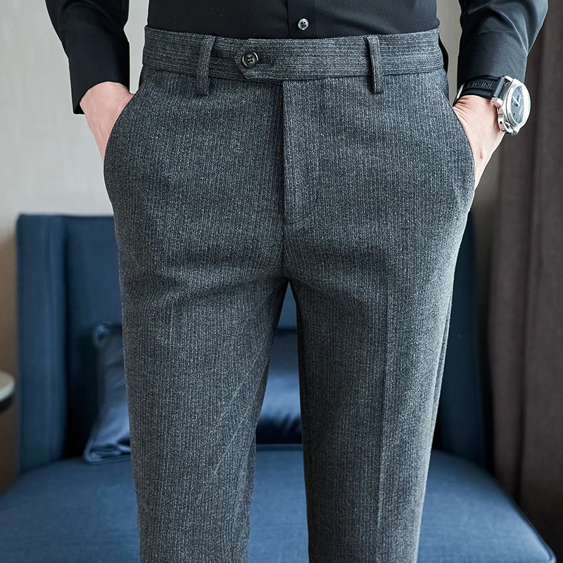 Winter Dark Striped Woolen Cloth Suit Pants High Quality Men Thickened Warm Slim Fit Trousers Formal Business Office Dress Pant