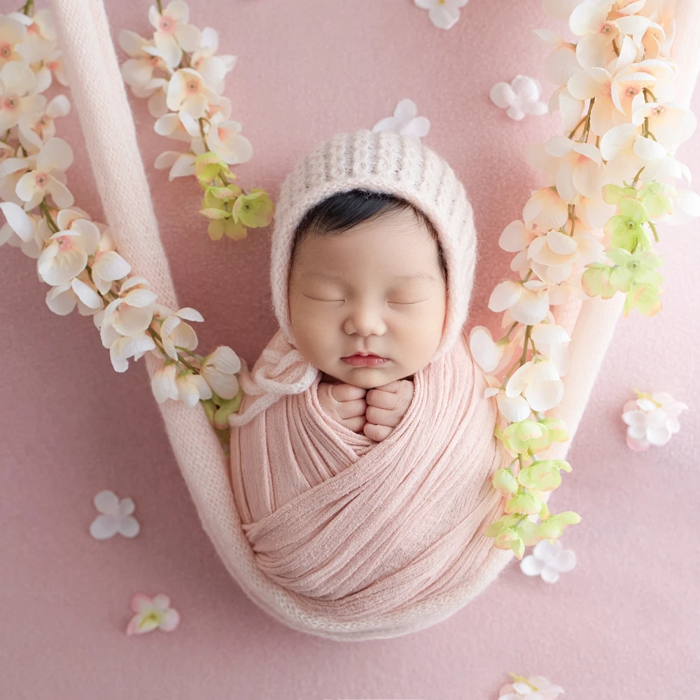 Pink Baby Wrap Newborn Photography Props Knitted Newborn Wraps for Photography Cotton Baby Hat Photo Shoot Accessories