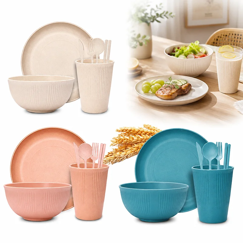 21/7Pcs Wheat Straw Dinnerware Set, Unbreakable Tableware, Reusable Bowl Plate Cup Set for Home Camping Picnic